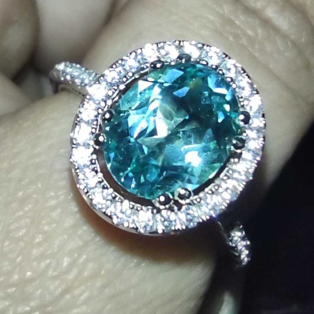 Sterling Simulated 2 Carat Paraiba Tourmaline CZ Halo Ring